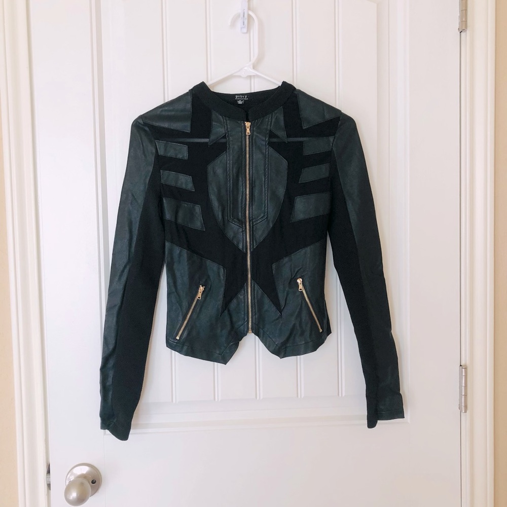 Black mesh zip up faux leather jacket size S